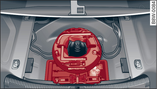 Fig. 307 Applies to: Saloon Luggage compartment: Tools, jack, tyre repair kit and compressor