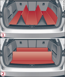 Fig. 90 Luggage compartment: Reversible floor covering fitted crosswise -1- and lengthwise -2-