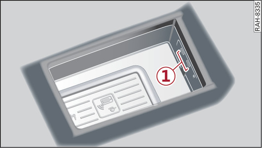 Fig. 203 Storage compartment underneath the centre armrest: Audi phone box with connections (example)