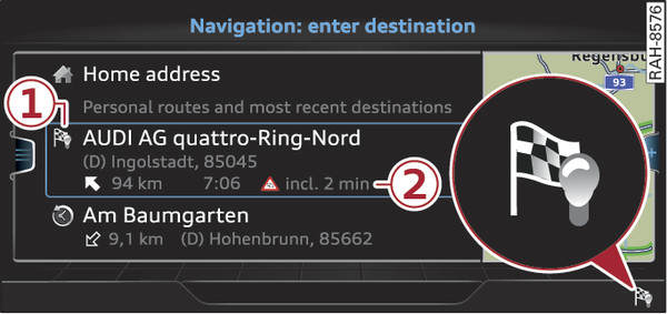Fig. 220 Example: Personal route display in the menu for entering a destination