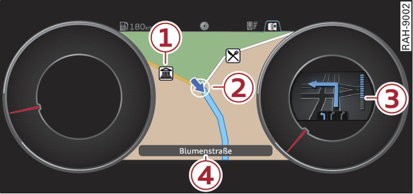 Fig. 195Cartina standard con guida a destinazione avviata (Audi virtual cockpit)