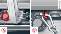 Area below rear bumper: Connecting socket -A-, safety cable attachment -B-