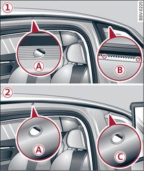 1) A3, 2) A3 Sportback y A3 berlina (sin barras longitudinales en el techo): puntos de fijación para el portaequipajes del techo