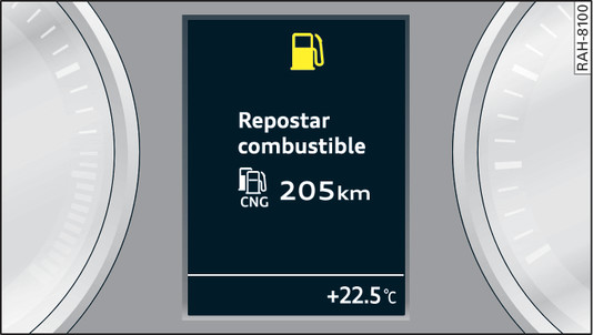 Fig. 118Pantalla: Aviso del depósito combinado para gasolina y gas natural