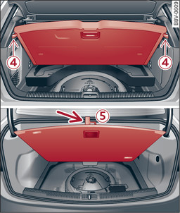 Bild 323 Bagageutrymme (exempel): Uppfällt lastgolv (variant 1 och 2)