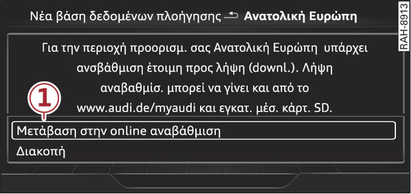 εικ. 233 Παράδειγμα: Ένδειξη μίας νέας ενημέρωσης χάρτη Online