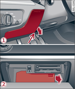 Fig. 342 -1- Steering column area (LHD vehicles): cover, -2- Glove box (RHD vehicles): cover