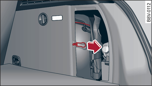 Fig. 300Válido para: variante 1 Parte trasera derecha del maletero: Desbloqueo de emergencia (ejemplo)