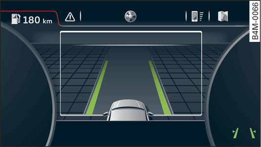 Obr. 139 Sdružené přístroje (barevný displej): systém active lane assist je zapnutý a připravený varovat