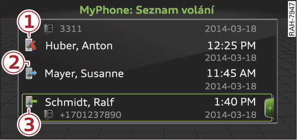 Obr. 207 Volba telefonního čísla ze seznamu volání