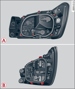 Fig. 337 Feu arrière : -A- Berline : vis de fixation sur le support d ampoules , -B- Avant/allorad : clips sur le support d ampoules