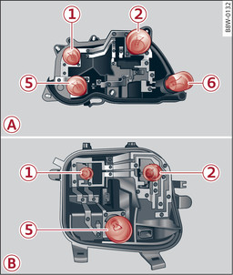 Fig. 338 Support d ampoules : -A- Berline, -B- Avant/allroad : emplacements des ampoules