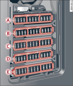 Bild 326 Passagerarens golvutrymme (högerstyrda bilar): Säkringshållare med plastbygel