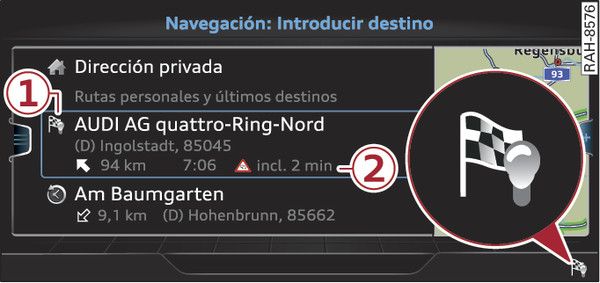 Fig. 229 Ejemplo: Indicación de las rutas personales en el menú de introducción de destino