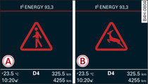 Instrumentenpaneel: -A- voetgangerswaarschuwing/-B- wildwaarschuwing, als het beeld van de nachtzichtassistent niet op het display in het instrumentenpaneel is geselecteerd