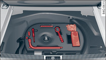 Przestrzeń bagażnika: narzędzia samochodowe, zestaw do naprawy opon, sprężarka i podnośnik