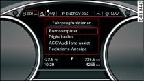 Combiné d'instruments : sélection du menu des fonctions du véhicule