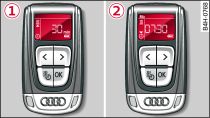 Afstandsbediening voor interieurvoorverwarming: -1- Direct inschakelen, -2- timer instellen