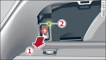 Coffre à bagages : bouton de déverrouillage du dispositif d'attelage