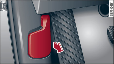 Detail of footwell on driver's side: Release lever
