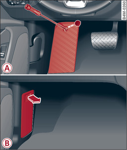 Fig. 303 Espacio reposapiés del conductor (vehículos con volante a la izquierda): Reposapié, -A- Espacio reposapiés del acompañante (vehículos con volante a la derecha ): Cubierta -B-