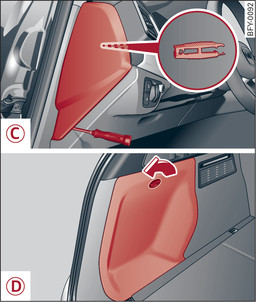 Fig. 304Puesto de conducción, lado del conductor (vehículos con volante a la izquierda/derecha): Cubierta -C-, Maletero (izquierda): Cubierta -D-