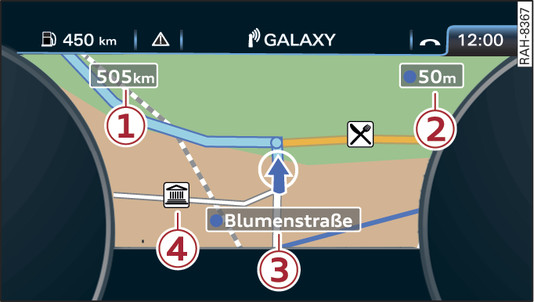 Fig. 189Representación gráfica: mapa una vez se ha iniciado el recorrido (cuadro de instrumentos analógico)