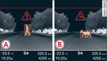 Kombiinstrument: -A- Fußgängerwarnung, -B- Wildtierwarnung