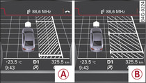 Kombiinstrument: Hitta parkeringsficka. -A- Fickparkera parallellt med trottoarkant, -B- Fickparkera i parkeringsficka eller garage