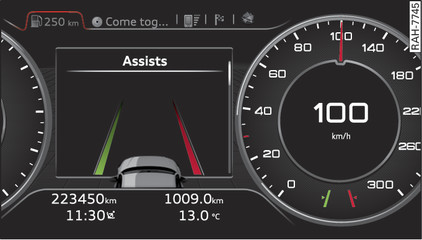 Fig. 97 Instrument cluster: active lane assist switched on and in warning mode